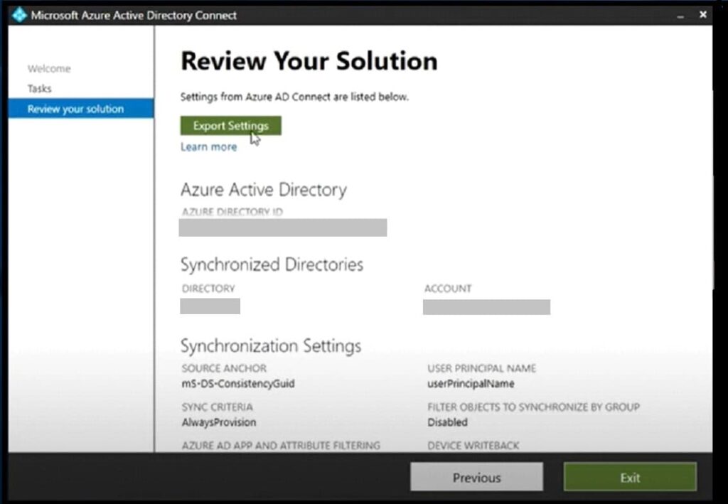 Azure AD Connect Export Current Config - review your solution