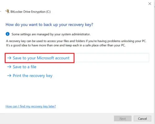 BitLocker Key Saved In Your Microsoft Account